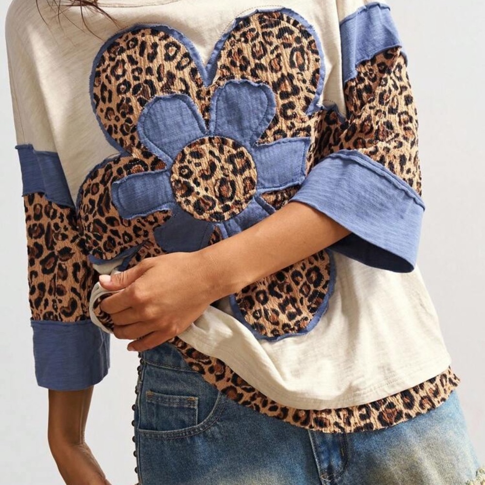 M Leopard Floral Patchwork Long Sleeve Tee - Cream & Blue